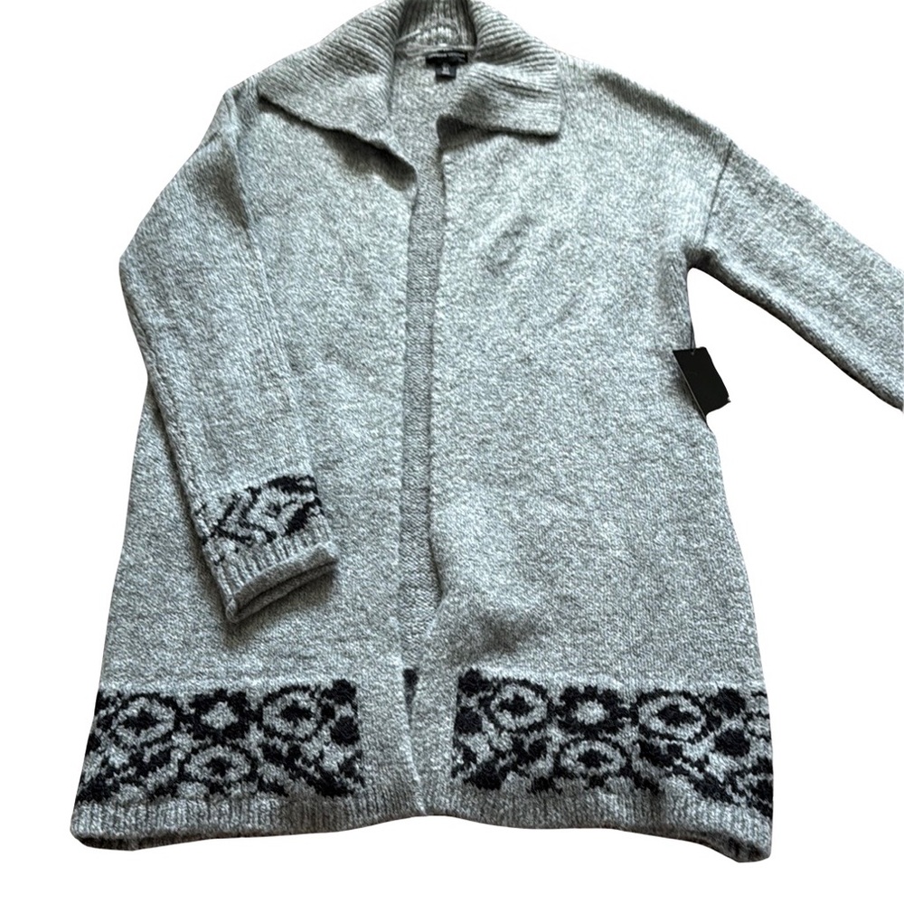 Adrienne Vittadini Gray and Black Cardigan Sweater with Nordic Pattern